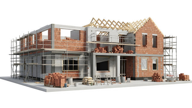 Modern twostory house under construction with scaffolding and building materials, isolated on transparent background