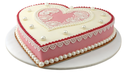 Heart-shaped cake with lace design isolated on white background