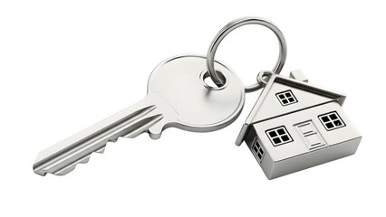 Silver house shaped key chain with key isolated on transparent background