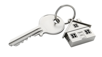 Silver house shaped key chain with key isolated on transparent background