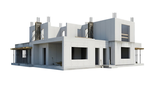 Modern twostory house under construction, concrete frame structure isolated on transparent background