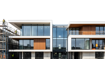 Modern luxury residential building under construction with large glass windows and balconies isolated on transparent background