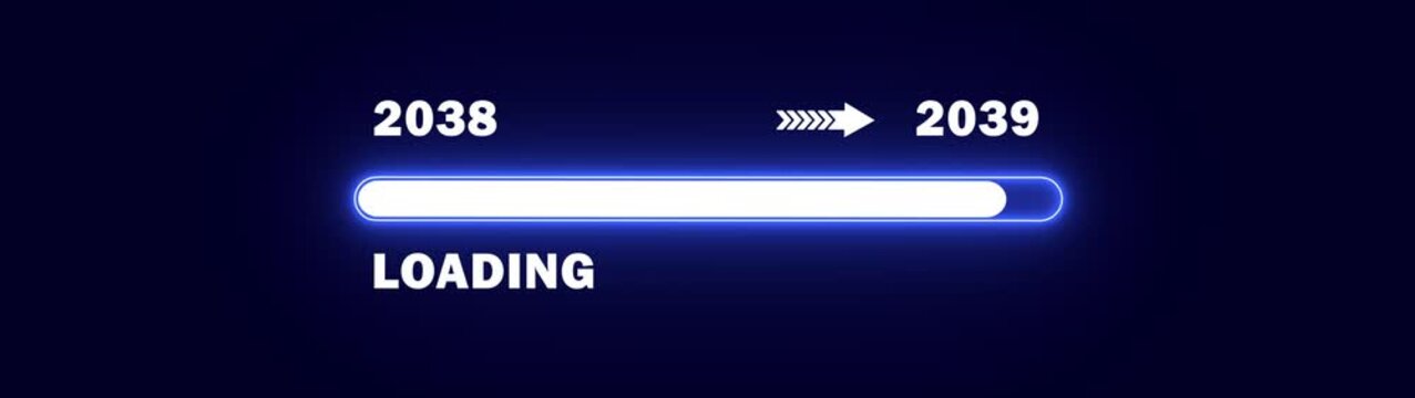 New year 2039 loading bar animation with year transition from 2038 to 2039. Time progress and future planning concept for annual planning, growth strategy and business planning.