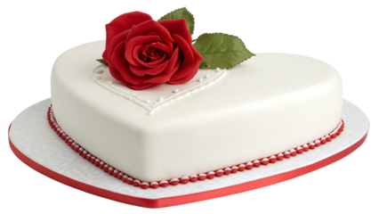 Heart-shaped cake with rose topper isolated on white background
