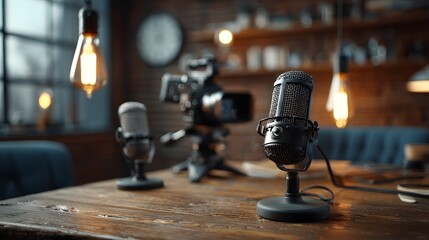 Professional microphones on a rustic wooden table in a cozy studio setting, with warm lighting and a camera in the background, creating an inviting atmosphere for audio recording