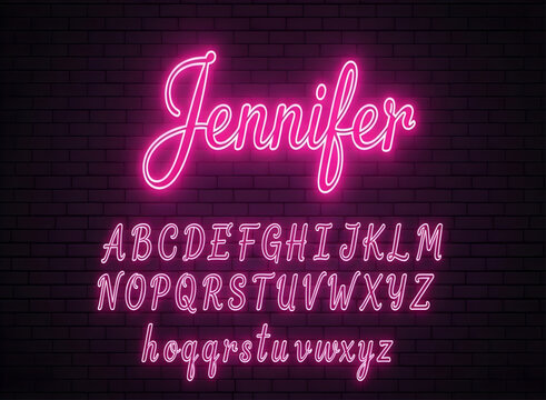 Neon alphabet on a dark brick wall background