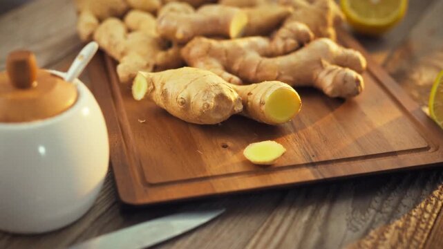 Freshly unearthed brown ginger rhizomes rest on sunlit kitchen table, their intricate texture potent aroma on full display, highlighting freshness of ingredient in warm and inviting culinary setting