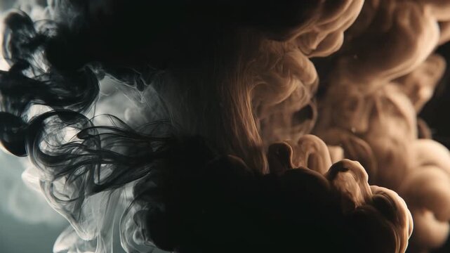 Ultra HD Abstract dark brown and grey smoke or ink swirling in water, mystical fluid motion background texture video