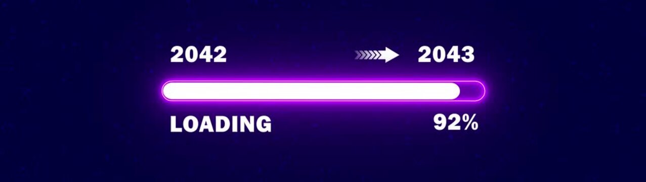 Neon purple 2042 to 2043 New Year Progress Bar Animation - Futuristic Digital Loading Transition with HUD Elements for Cyber Technology and Sci-Fi Backgrounds