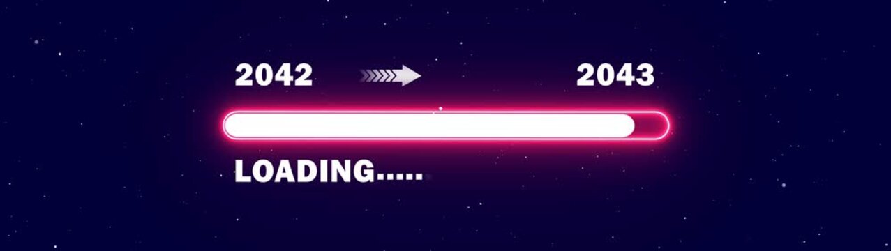 Neon Red 2042 to 2043 New Year Progress Bar Animation - Futuristic Digital Loading Transition with HUD Elements for Cyber Technology and Sci-Fi Backgrounds