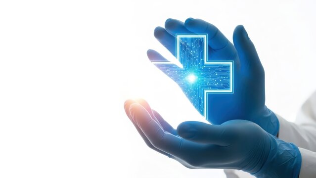 Doctor in blue gloves holding digital medical cross. Scientific research and innovation in medicine. Healthcare technology concept for future. - Powered by Adobe
