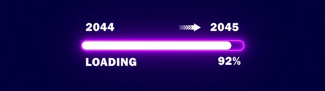 2044 to 2045 New Year Transition Animation - Futuristic Neon Purple Loading Bar with Digital Progress Indicator and HUD Style Background