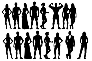 Diverse group of silhouetted figures isolated on white background, Vector, illustration