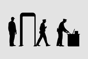 Security checkpoint with metal detector and officer isolated on white background, Vector, illustration