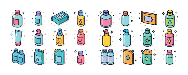Colorful icon set of various personal care and cleaning product bottles