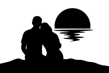 Couple watching sunset isolated on white background, Vector, illustration