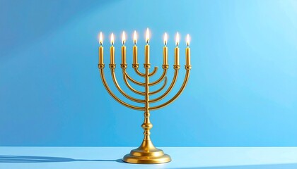 Fototapeta premium Ornate golden candle holder with lit candles on a light blue backdrop