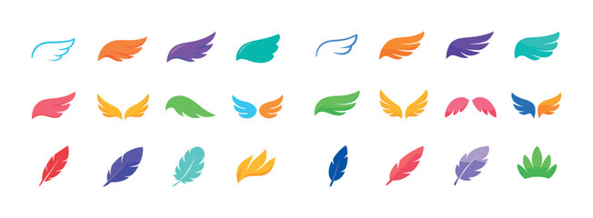 Fototapeta premium Colorful wing and feather icons in various shapes and styles