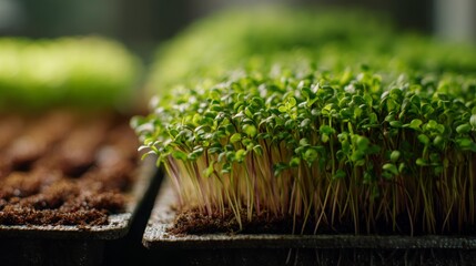 Fresh microgreens growing in a tray, showing healthy leafy sprouts and young plants cultivating indoors for sustainable urban farming practices