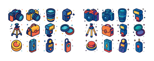 Fototapeta premium Colorful assorted camera equipment illustrations with accessories