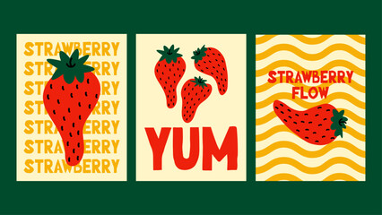 Strawberry-themed poster set with sweet summer vibes. Juicy red berries, playful mood and fresh food aesthetic for wall decor.