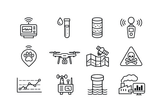 Mining Environmental Monitoring Icons. Environmental monitoring in mining. Line icon set of Environmental monitoring in mining: air quality sensor, water