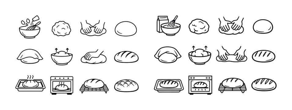 Step-by-step bread making process illustrated in simple line drawings