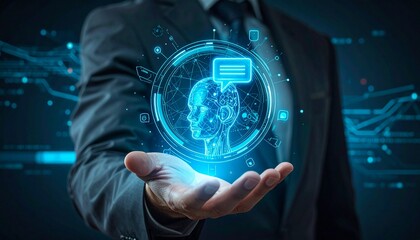 Businessman Holding Holographic AI Head with Speech Bubble for Conversational Tech