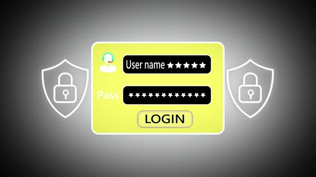Secure login interface animation with username and password fields, highlighted login button and shield icons, digital cybersecurity access concept on dark background