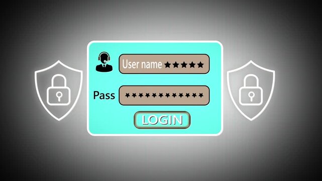 Secure login interface animation with username and password fields, highlighted login button and shield icons, digital cybersecurity access concept on dark background