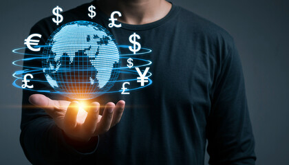 Person Holding Digital Globe with Global Currency Symbols