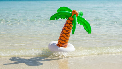 Eye-level tropical shot: inflatable palm tree sways in clear beach water under sun's long shadows, vibrant colors. Ideal for summer campaigns, vacation ads, resort promotions, pool parties,