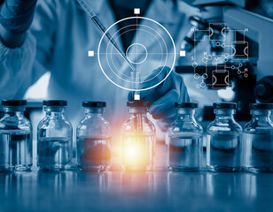 Scientist Injecting Sample into Vial with Molecular Diagram Overlay