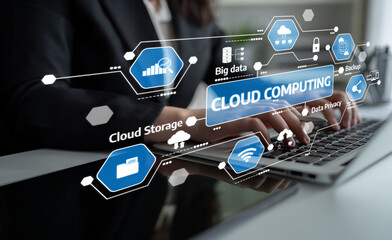A business professional types on a laptop, surrounded by digital icons representing cloud computing concepts like data management, storage, and security in a modern workspace. Tessel