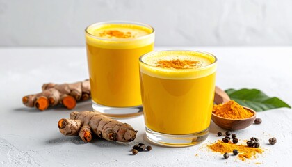 Two tall glasses with golden turmeric drink, roots, powder & black peppercorns, on white