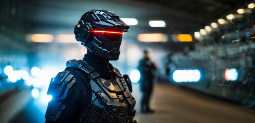 science fiction soldier wearing high technology black armored suit with red glowing visor in dark futuristic environment industrial corridor with pipes.