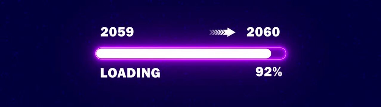 New Year 2060 Arrival Motion Graphic from 2059 - Futuristic Neon purple Loading Bar Animation with Digital HUD Progress Indicator on Dark Background
