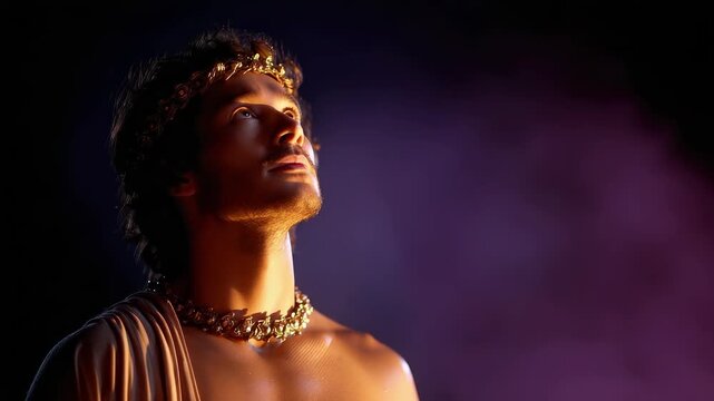 Regal Male Portrait: Ancient Roman Inspired Figure Gazing Upward, Golden Laurel Wreath and Drapery.