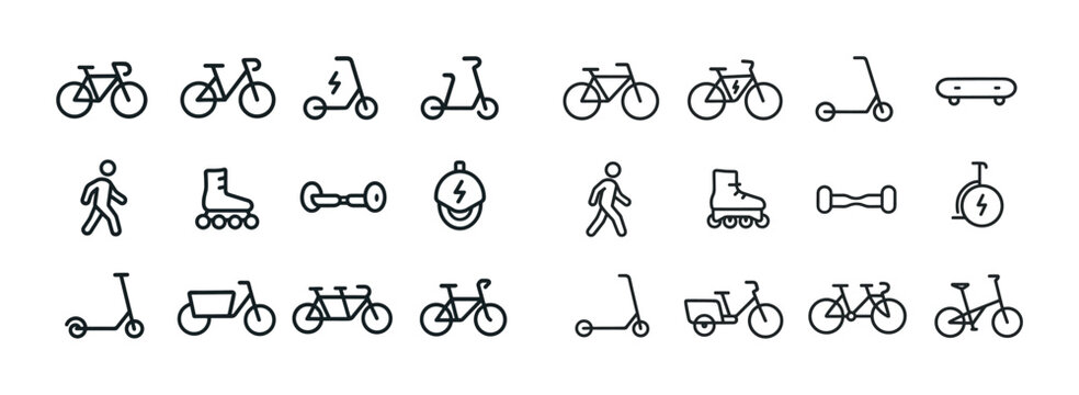 Minimalist icon set of bicycles, scooters, and personal transpor