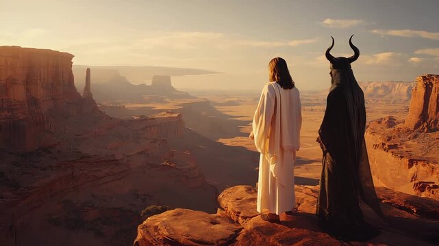 Two Figures Jesus and  Satan evil on Cliffside: Contrasting Light and Shadow, Spiritual Contrast, Symbolic Representation, Dramatic Landscape.
