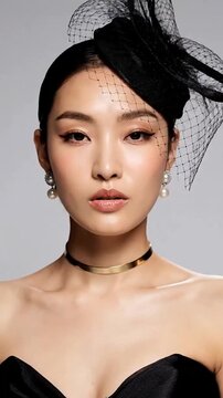 Elegant Asian Model in Black Fascinator and Gold Choker for High Fashion Beauty