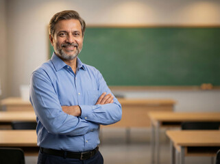 Experienced indian male teacher standing confidently in classroom with copy space professional academic portrait