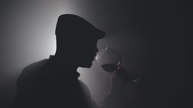 Sommelier describing taste of red wine backlit by cine light scene. Degustation of alcoholic beverages, slow motion