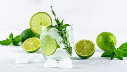 A refreshing drink with lime slices, mint, and ice cubes
