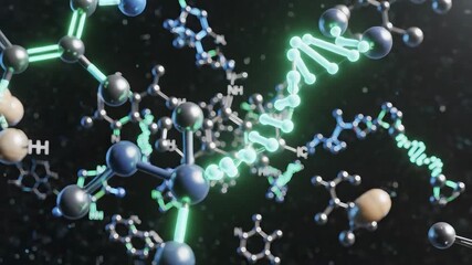 Intricate 3D rendering of complex molecular structures and glowing DNA double helix strands representing advanced scientific research genetic engineering and biochemical processes in a futuristic lab. - Powered by Adobe