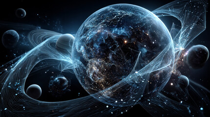 Abstract image of a planet Earth in the form of a starry sky or space, consisting of points, lines, and shapes in the form of planets, stars and the universe. Earth vector wireframe concept