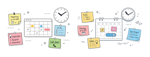 Colorful office schedule with calendars, clocks, and sticky notes