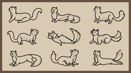 Collection of Cute Cartoon Weasel Illustrations in Various Poses - Adorable Hand-Drawn Vector Art Set