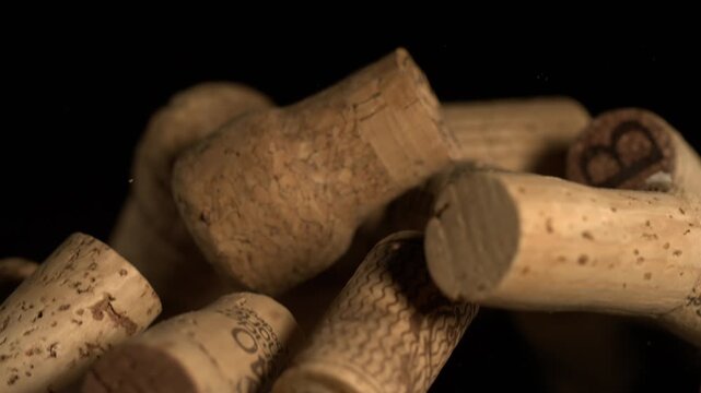 super slow motion Close perspective of corks tumbling with glowing illumination against dark surface
