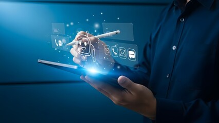 A person interacting with a futuristic digital interface on a screen